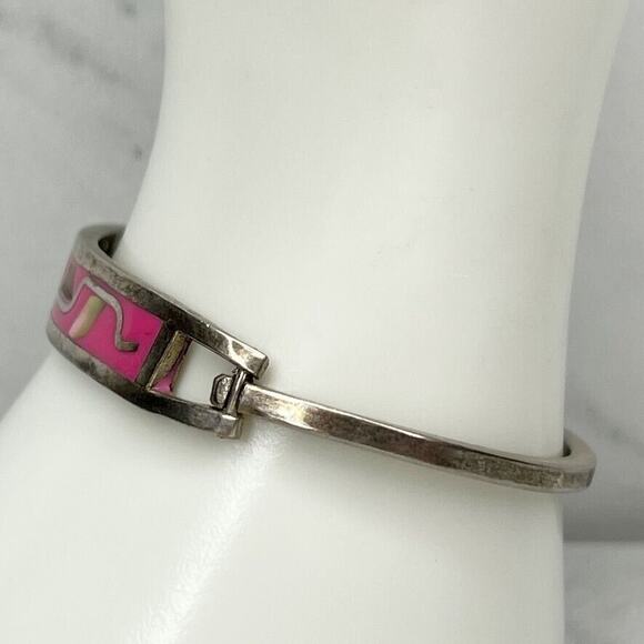 Vintage Mexico Silver Tone Abalone Shell Hinge Bangle ✨ - Picture 5 of 8